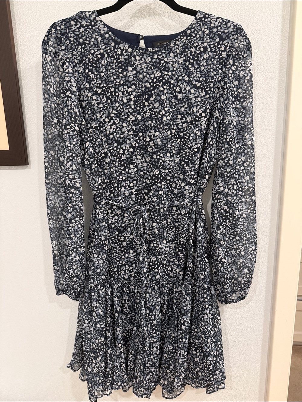 Halogen Navy and White Long-Sleeve Printed Dress